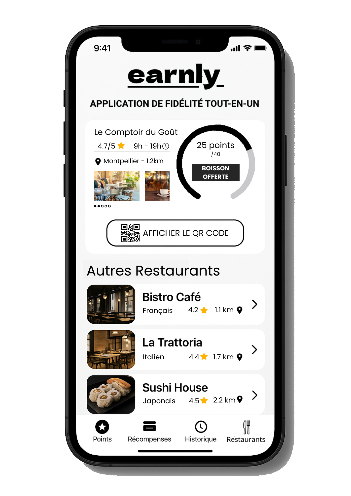 Application mobile Earnly montrant un programme de fidélité