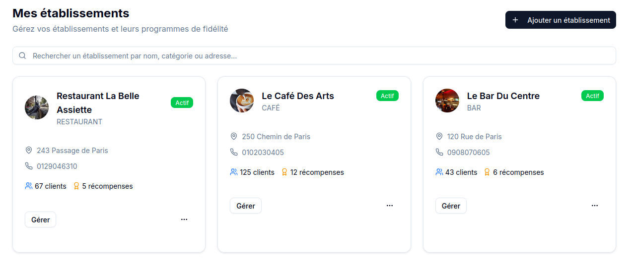 Interface de gestion multi-établissements Earnly
